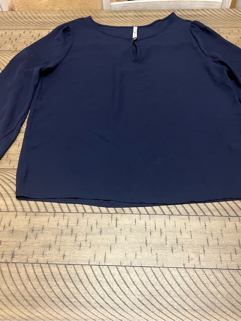 Women's Sheer Navy Long-Sleeve Keyhole Blouse Boutique Brand Size Lg.
